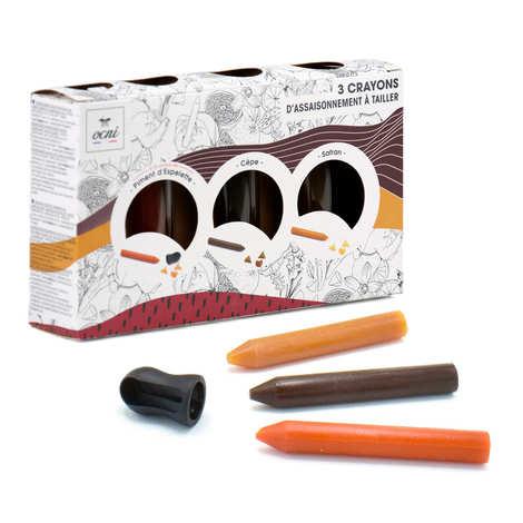 Coffret Epicurien 3 crayons d'assaisonnement - Piment d'Espelette bio, Cèpe, Safran bio - Coffret 3 crayons 18g + 1 taille-crayon