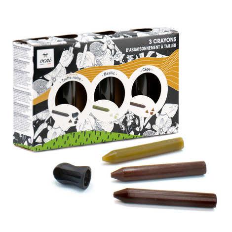 Coffret Festin Festif 3 crayons d'assaisonnement - Truffe noire, Basilic Bio, Cèpe  - Coffret 3 crayons 18g + 1 taille-crayon