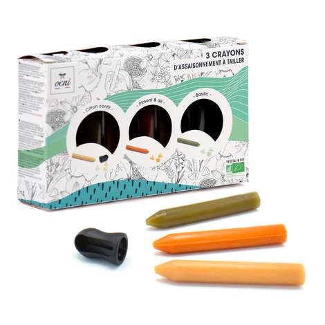 Coffret Découverte 3 crayons d'assaisonnement - Citron confit, Basilic, Piment & Ail Bio - Coffret 3 crayons 18g + 1 taille-crayon