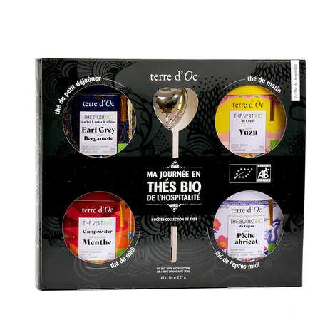 Coffret Ma journée en thés bio - 4 thés (Bergamote, Yuzu, Menthe et Pêche abricot) + cuillère filtre à thé - Coffret de 4 boîtes